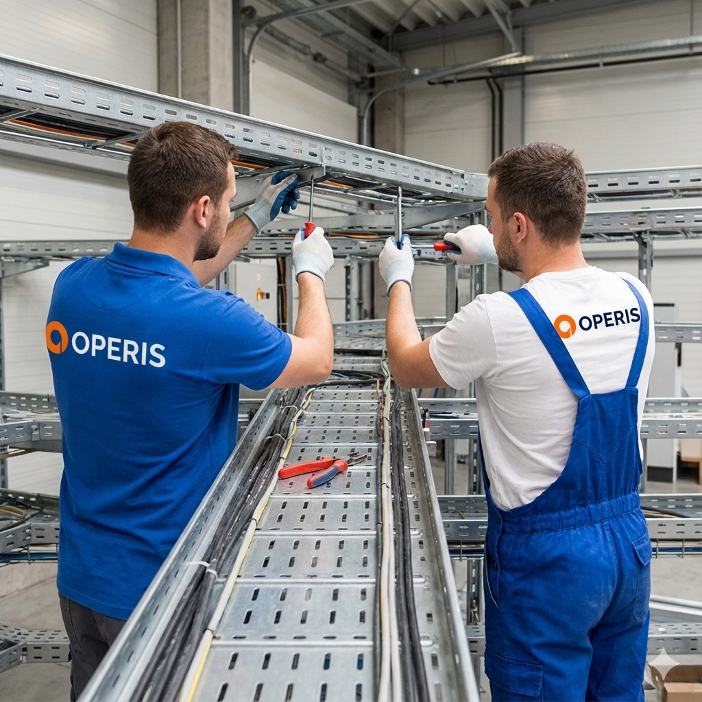 Dwóch techników w odzieży roboczej z logo OPERIS (pomarańczowa ikona i granatowy napis) pracuje przy instalacji koryt kablowych w hali przemysłowej. Mężczyzna po lewej w niebieskiej koszulce polo i mężczyzna po prawej w białym t-shircie i niebieskich ogrodniczkach używają wkrętaków do zabezpieczania elementów systemu.