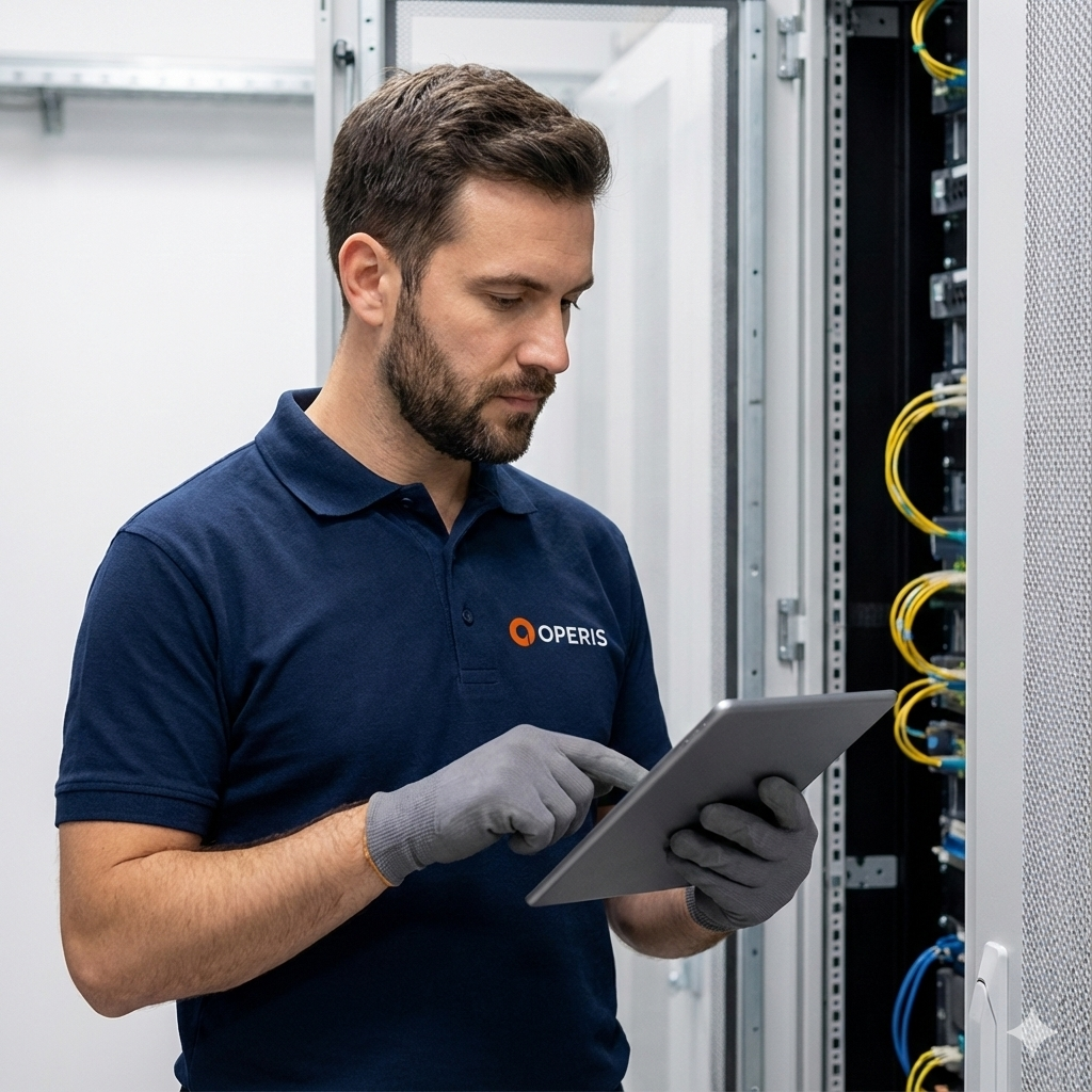 Mężczyzna z brodą w niebieskiej koszulce polo z logo OPERIS i szarych rękawiczkach, używa tabletu w serwerowni
